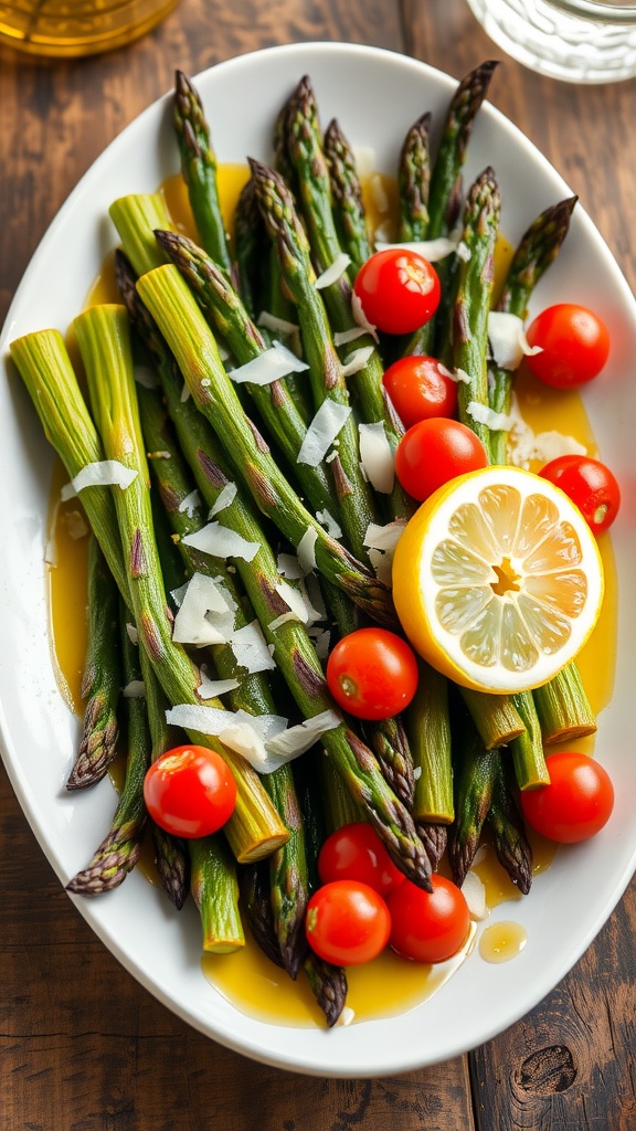 Roasted asparagus with parmesan and cherry tomatoes on a rustic wooden table.